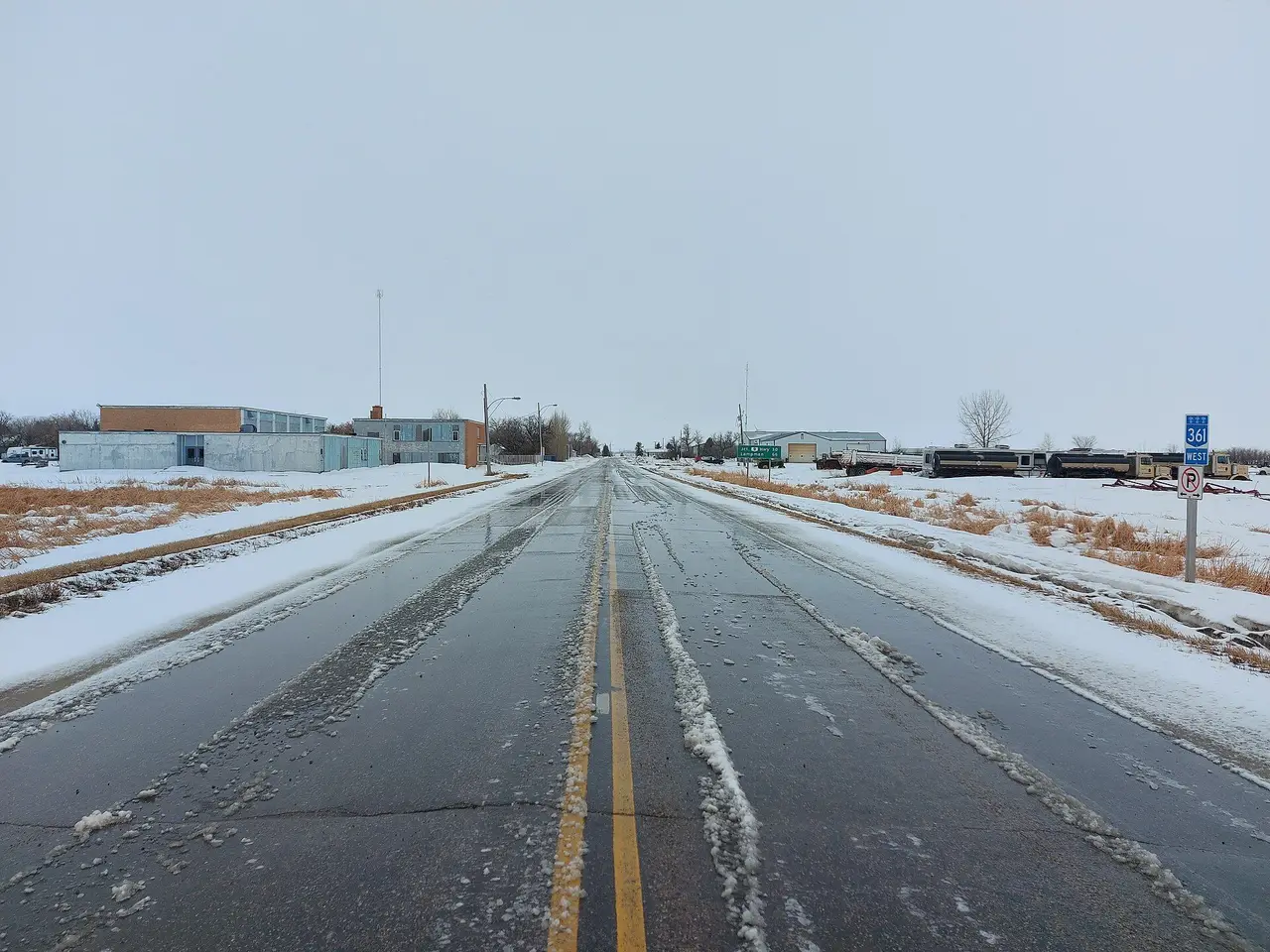 Highway 361 through town in winter, 2023