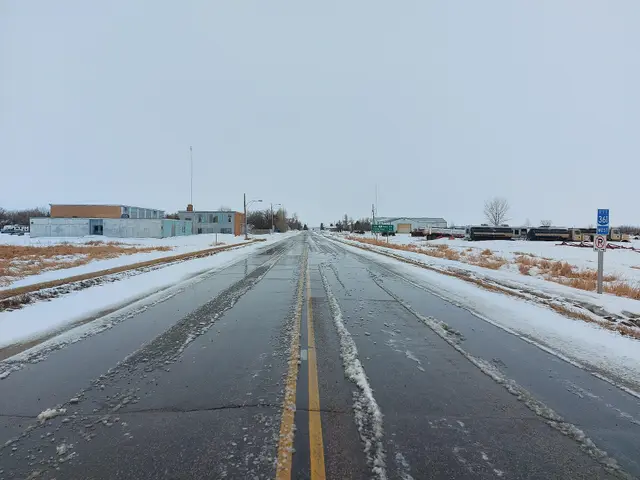 Highway 361 through town in winter